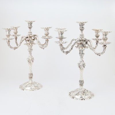 Lot 103 - Pair of American Sterling Silver Five-Light Candelabra, Presented to Gertrude Vanderbilt Whitney