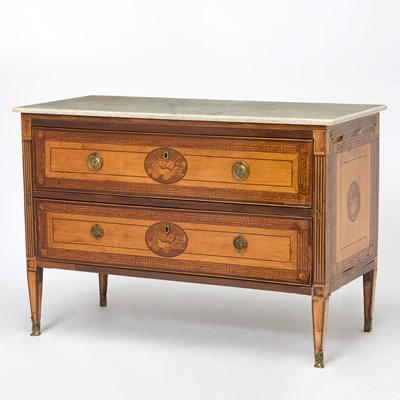Lot 296 - Italian Neoclassical Inlaid Walnut Marble Top Chest of Drawers