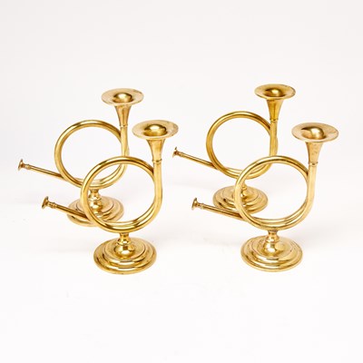 Lot 165 - Set of Four Brass Hunting Horn Form Candlesticks