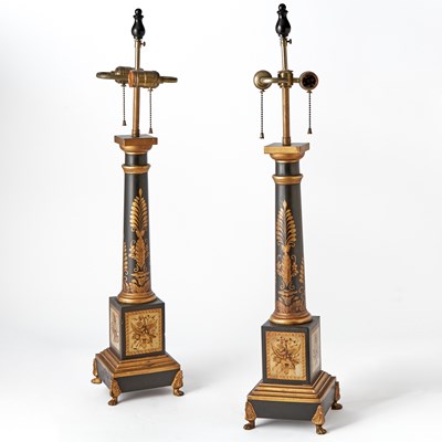 Lot 275 - Pair of French Empire Style Black and Gold Tôle Table Lamps