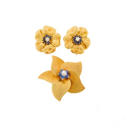 Lot 1010 - Tiffany & Co. Gold, Sapphire and Diamond Brooch and Pair of Earrings