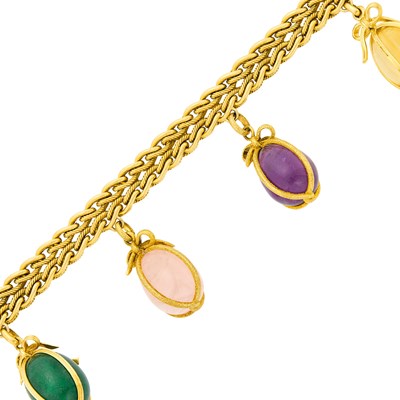 Lot 168 - Tiffany & Co., Schlumberger Gold, Rose Quartz, Amethyst, Citrine and Aventurine Quartz Charm Bracelet, France