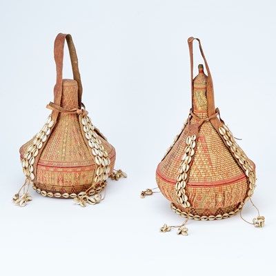 Lot 161 - Two Ethiopian Harari Baskets Made of Woven Grass, Leather and Beaded Shells