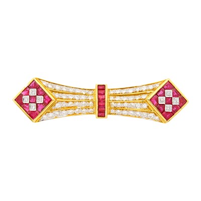 Lot 151 - Two-Color Gold, Ruby and Diamond Bow Brooch