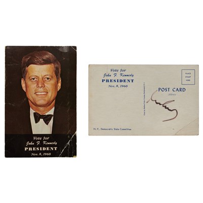 Lot 144 - A signed postcard and items relating to President John F. Kennedy