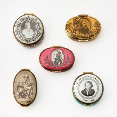 Lot 638 - Group of Five Bilston and Battersea Enameled Metal Pill Boxes Retailed by Cartier