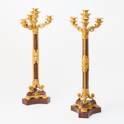 Lot 690 - Pair of Napoleon III Gilt-Metal Mounted Rouge Marble Four-Light Candelabra