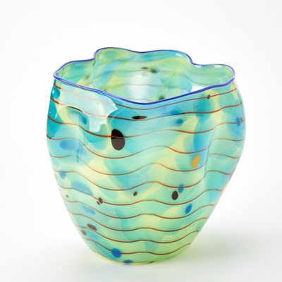 Lot 403 - Dale Chihuly Hand-Blown Glass "Ocean" Macchia Basket With Blue Lip Wrap
