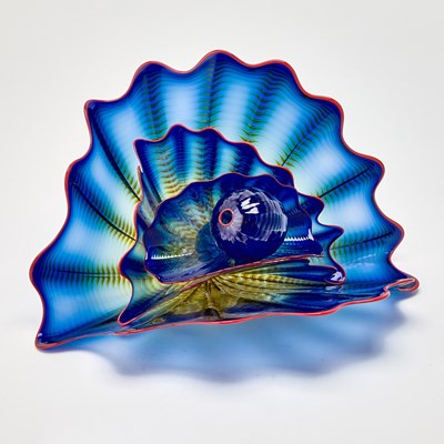 Lot 402 - Dale Chihuly Four-Piece Hand-Blown Glass Blue Persian Set With Cadmium Red Lip Wrap