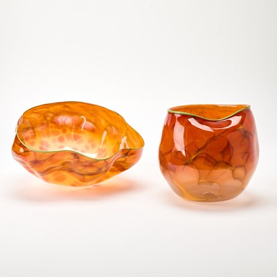 Lot 405 - Dale Chihuly Two-Piece Hand-Blown Glass Orange Macchia Basket With Green Lip Wrap