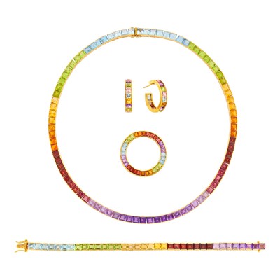 Lot 98 - Gold and Colored Stone Rainbow Necklace, Bracelet, Circle Pin and Pair of Hoop Earrings