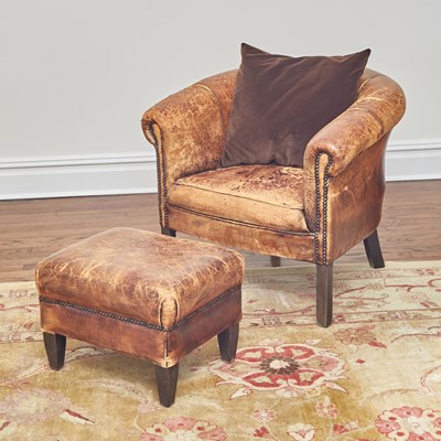 Lot 86 - Distressed Leather Upholstered Club Chair and Ottoman