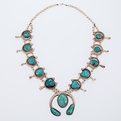 Lot 1369 - Silver and Turquoise Squash Blossom Necklace