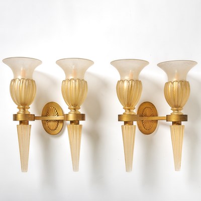 Lot 353 - Pair of Seguso Murano Hand-Blown Glass and Gilt-Metal Two-Light Wall Sconces