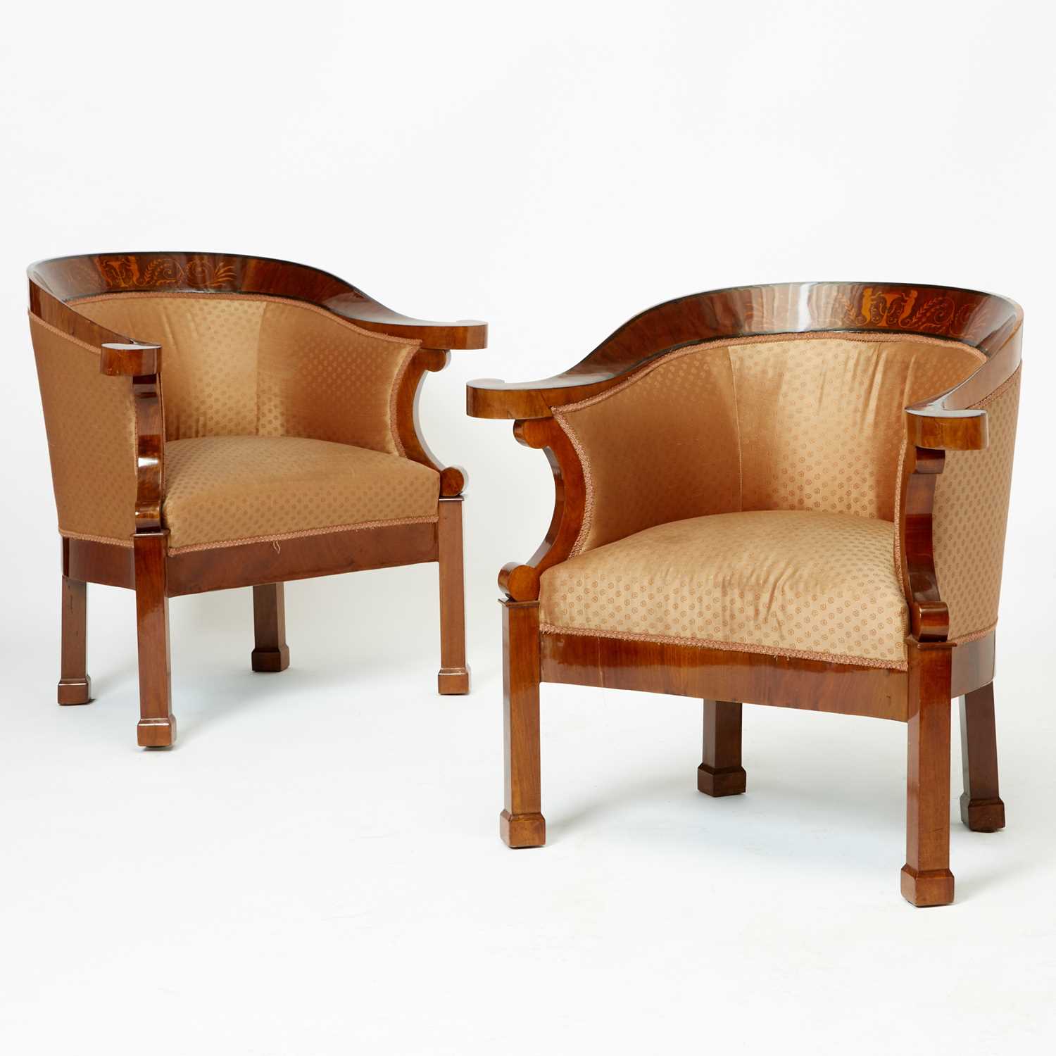 Lot 157 - Pair of Continental Neoclassical Inlaid Mahogany Armchairs