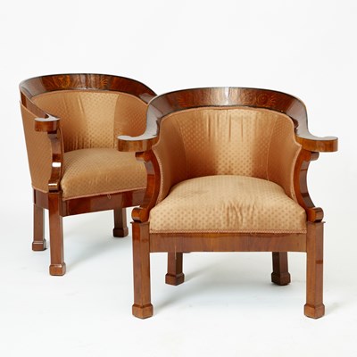 Lot 157 - Pair of Continental Neoclassical Inlaid Mahogany Armchairs