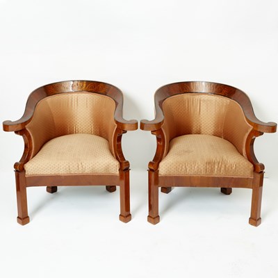 Lot 157 - Pair of Continental Neoclassical Inlaid Mahogany Armchairs