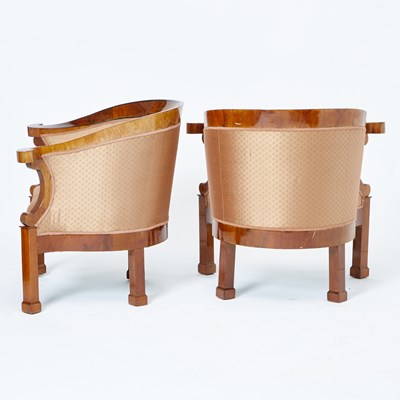 Lot 157 - Pair of Continental Neoclassical Inlaid Mahogany Armchairs