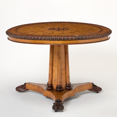 Lot 156 - William IV Bird's Eye Maple, Burr Maple, Rosewood, and Satinwood Marquetry Center Table