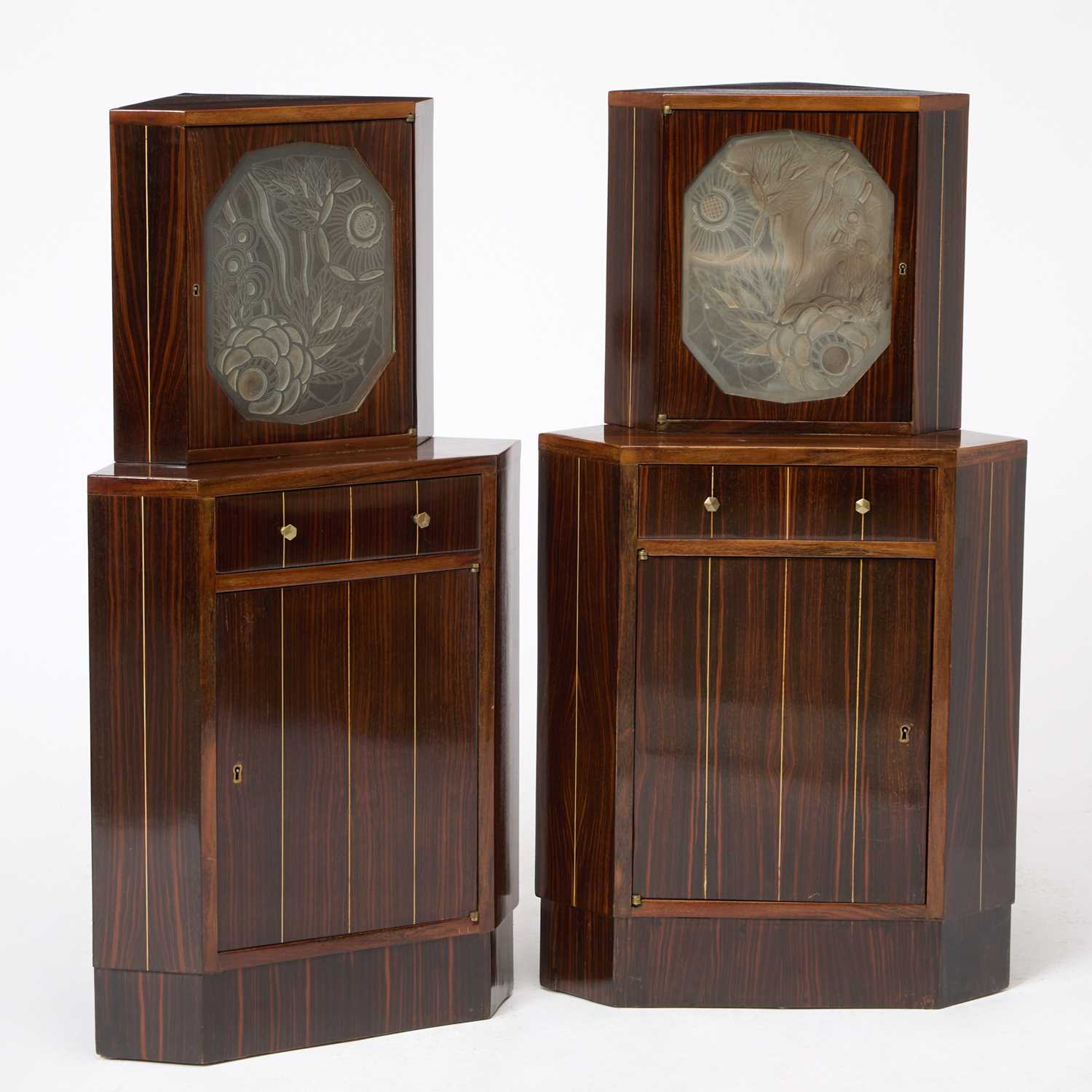 Lot 252 - Pair of Art Deco Macassar Ebony and Frosted Glass Encoigneur Nightstands