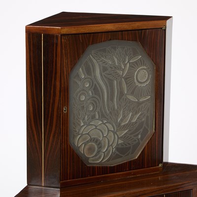 Lot 252 - Pair of Art Deco Macassar Ebony and Frosted Glass Encoigneur Nightstands