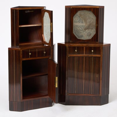 Lot 252 - Pair of Art Deco Macassar Ebony and Frosted Glass Encoigneur Nightstands