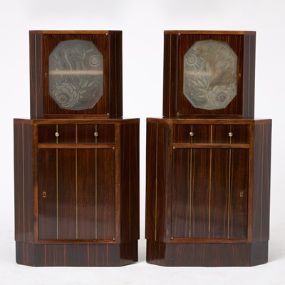 Lot 252 - Pair of Art Deco Macassar Ebony and Frosted Glass Encoigneur Nightstands