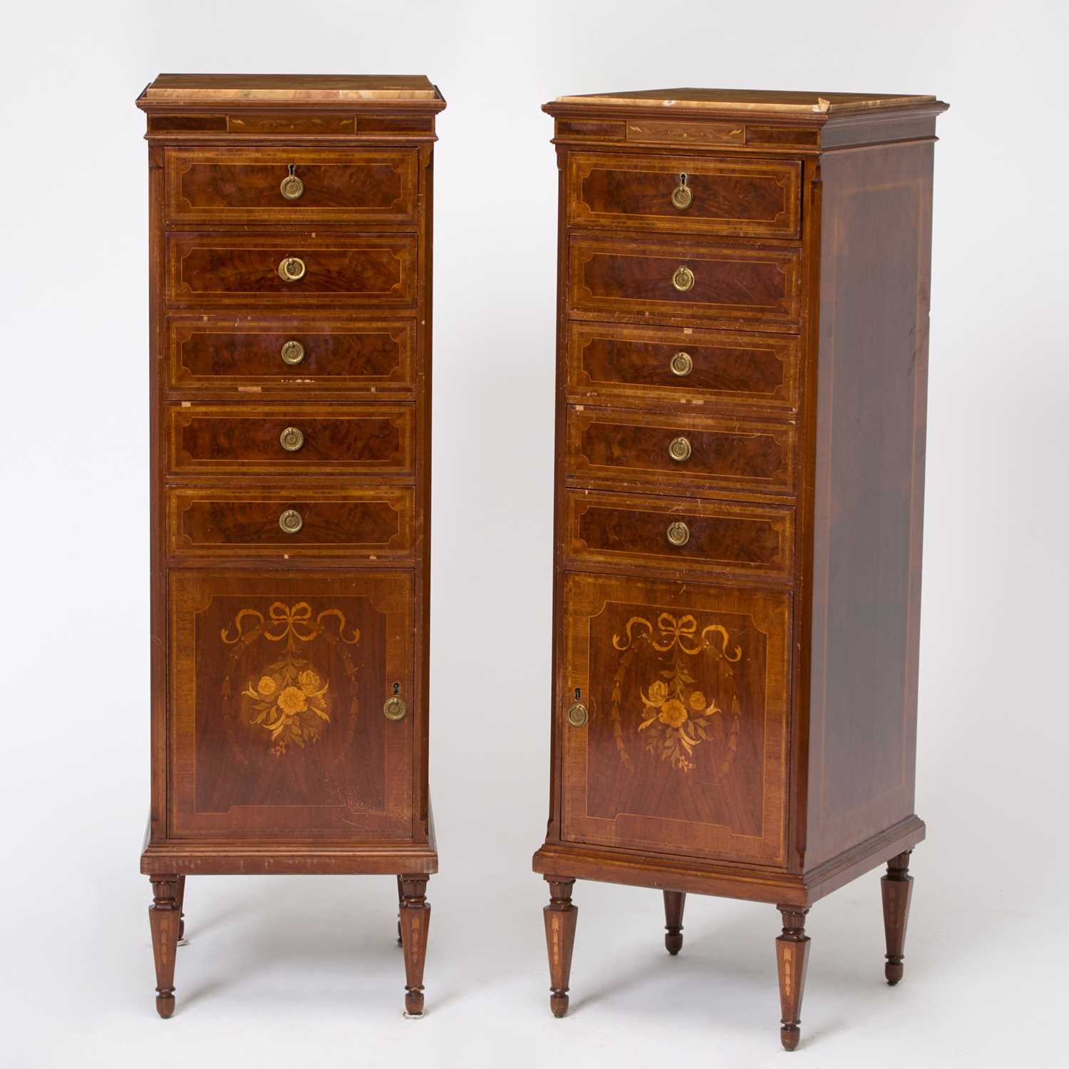 Lot 178 - Pair of Louis XVI Style Inlaid Walnut and Kingwood Tall Chest of Drawers
