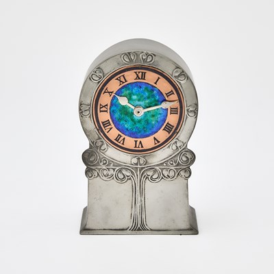 Lot 138 - Liberty & Co. Art Nouveau Tudric Pewter, Copper and Enamel Desk Clock