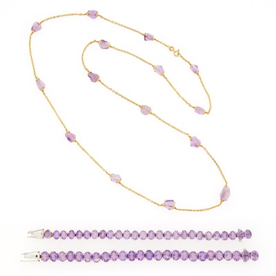 Lot 2221 - Pair of Silver and Amethyst Bracelets and Gold and Tumbled Amethyst Bead Necklace
