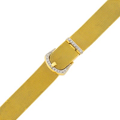 Lot 124 - Two-Color Gold and Diamond Buckle Mesh Bracelet-Watch