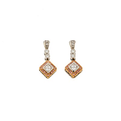 Lot 1087 - Michael Beaudry Platinum, Two-Color Gold, Diamond and Colored Diamond Pendant-Earrings