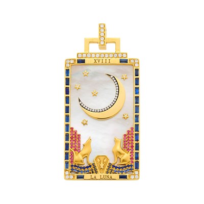 Lot 121 - Sorellina Gold, Mother-of-Pearl, Colored Stone and Diamond 'La Luna' Tarot Card Pendant