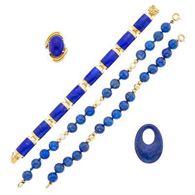 Lot 1232 - Group of Lapis, Gold and Cultured Pearl Jewelry
