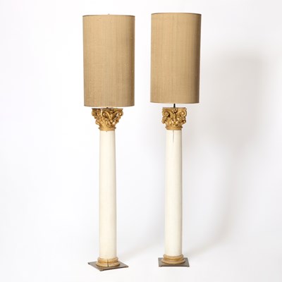Lot 239 - Pair of Carved and Painted Wood Columnar Floor Lamps