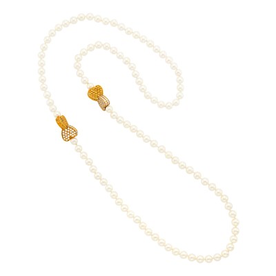 Lot 33 - Van Cleef and Arpels Long Cultured Pearl, Gold, Diamond, and Yellow Sapphire Necklace/Pair of Necklaces Combination