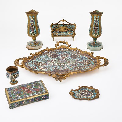Lot 190 - Group of Seven French Cloisonné and Champlevé Decorated Table Articles