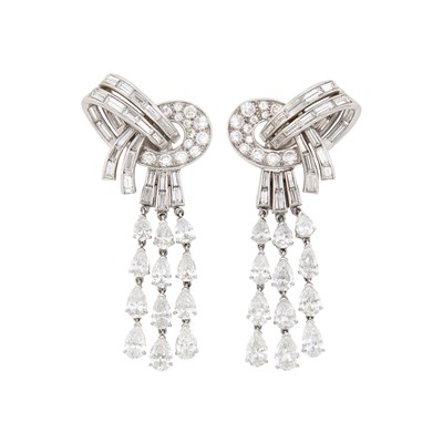 Lot 74 - Pair of Platinum and Diamond Pendant-Earrings