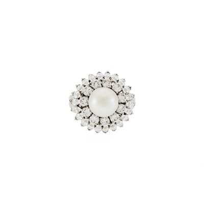 Lot 1125 - Platinum, Cultured Pearl and Diamond Ring