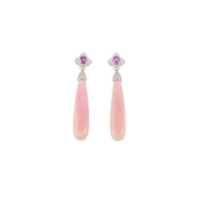 Lot 1054 - Pair of Platinum, Angel Skin Coral, Pink Sapphire and Diamond Pendant-Earrings