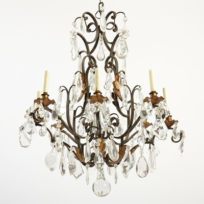 Lot 161 - Baccarat Style Iron and Drop Crystal Eight-Light Chandelier