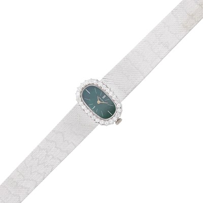 Lot 66 - Longines White Gold, Nephrite and Diamond Wristwatch