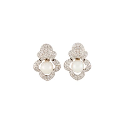 Lot 1068 - Pair of White Gold, Cultured Pearl and Diamond Earrings