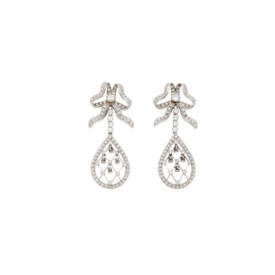 Lot 1137 - Pair of Platinum and Diamond Pendant-Earrings