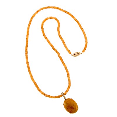 Lot 154 - Gold, Fire Opal and Diamond Pendant with Orange Garnet Bead Necklace and Gold Clasp
