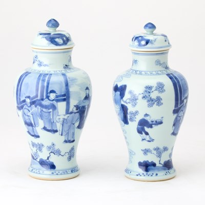 Lot 121 - A Pair of Chinese Blue and White Porcelain Vases and Covers