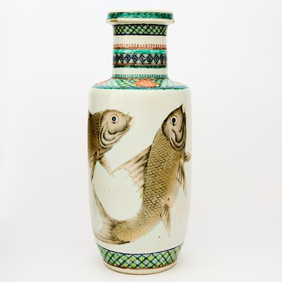 Lot 175 - A Chinese Famille Verte Sgraffito-Ground Porcelain Rouleau Vase