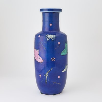 Lot 76 - A Chinese Blue Ground Enameled Porcelain 'Fishes' Rouleau Vase