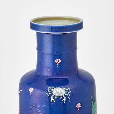 Lot 76 - A Chinese Blue Ground Enameled Porcelain 'Fishes' Rouleau Vase