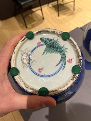 Lot 76 - A Chinese Blue Ground Enameled Porcelain 'Fishes' Rouleau Vase